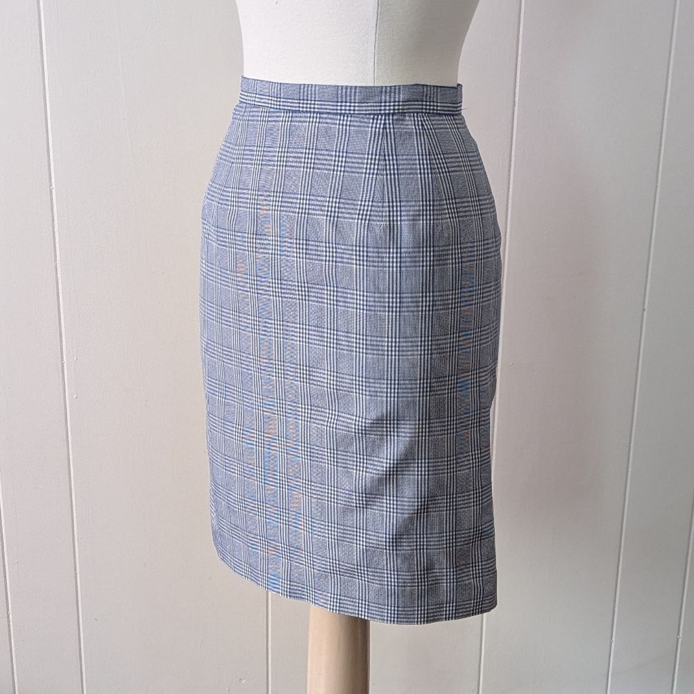 Vintage Blue and White Plaid Silk Pencil Skirt Size 4